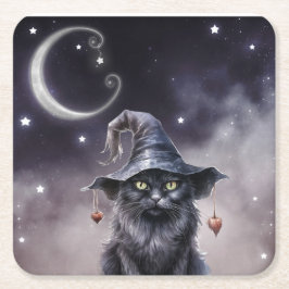 Svart Halloween-katt som bär en häxhatt Underlägg Papper Kvadrat