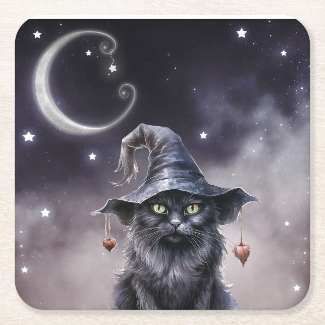 Svart Halloween-katt som bär en häxhatt  Underlägg Papper Kvadrat (Framsidan)