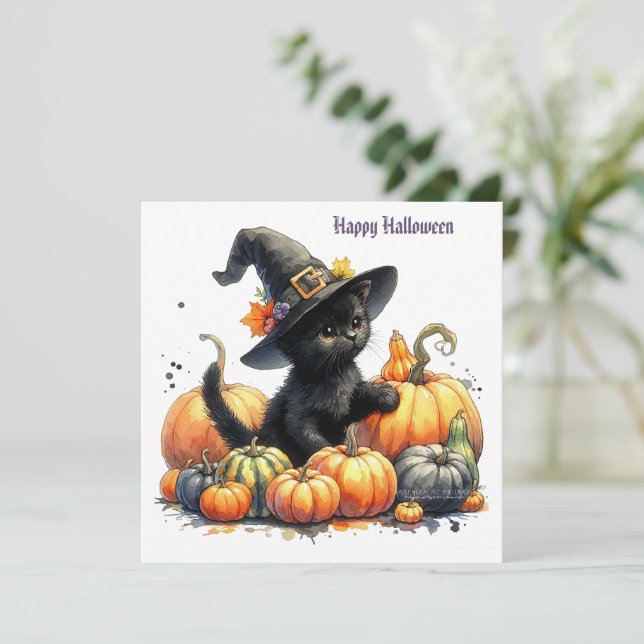 Svart halloween-kattunge med pumpor och häxhatt julkort (Stående Fram)