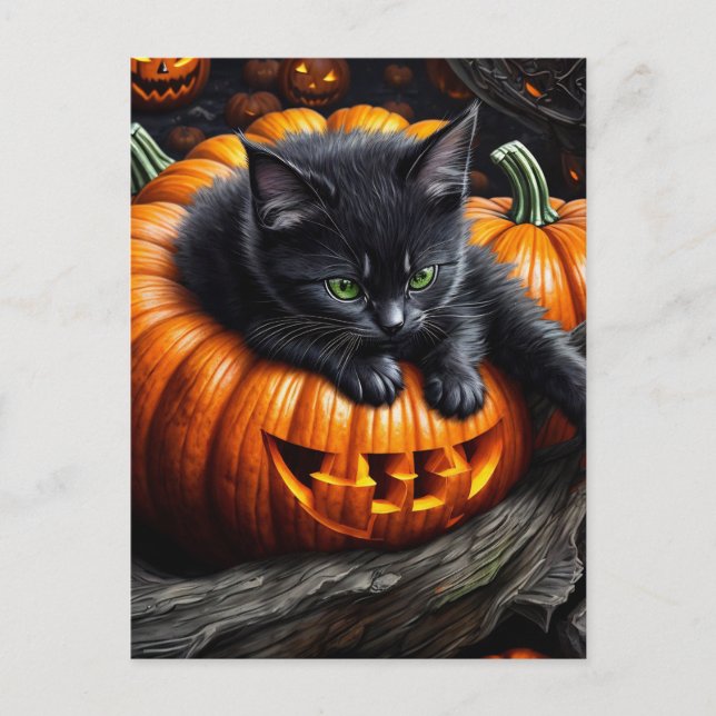 Svart Halloween Kattunge Vykort (Framsida)