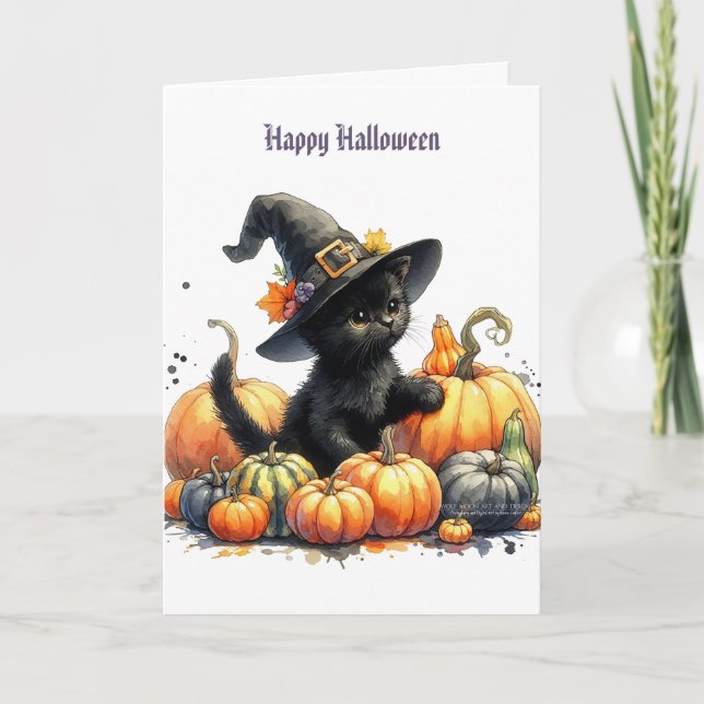 Svart Halloween Kittel Med Pumpor & Häxhatt Helgkort (Framsida)