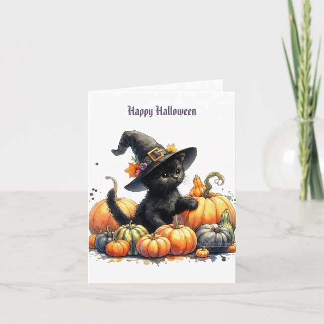 Svart Halloween-kitten med pumpor och häxhatt Helgkort (Framsida)