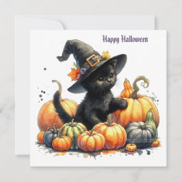 Svart Halloween-kitten med pumpor och häxhatt Julkort