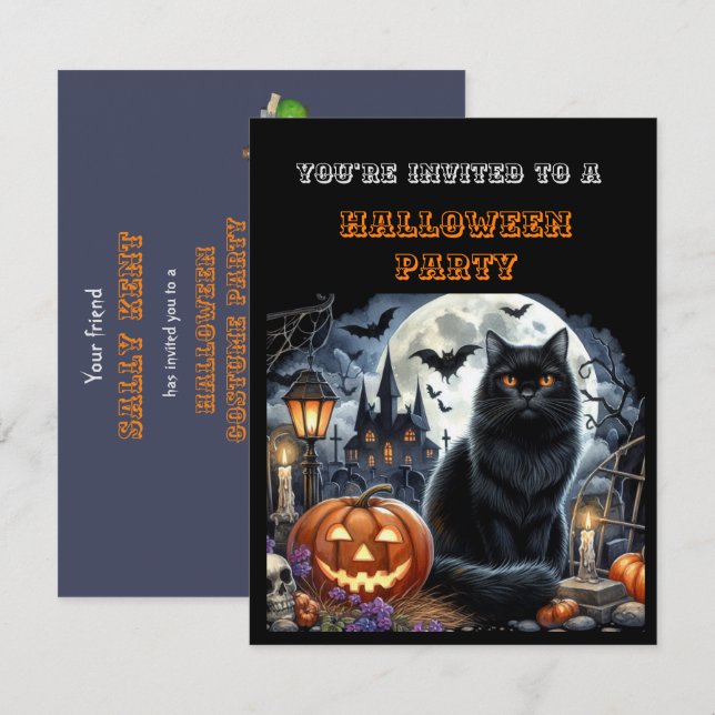 Svart Halloween kostym festinbjudan för barn (Fram/baksida)
