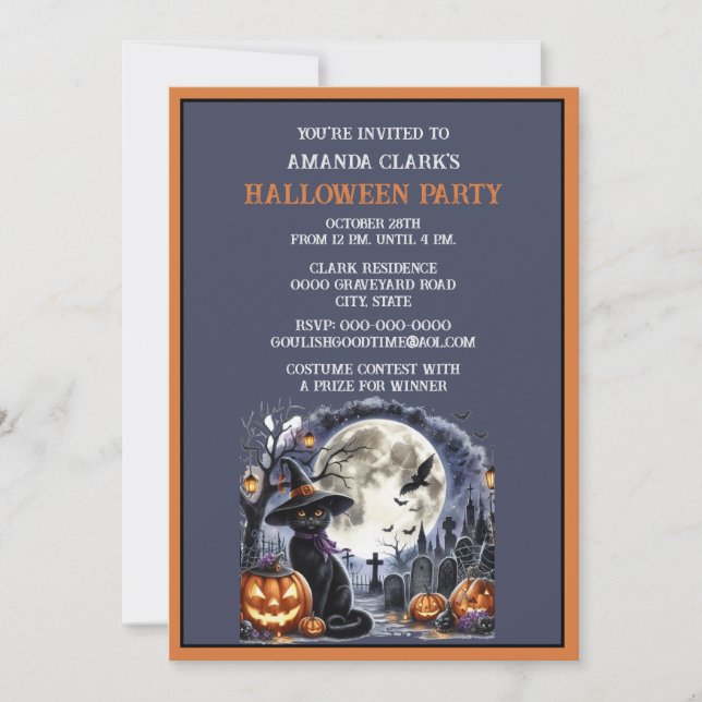 Svart Halloween-kostymfest för katt  Inbjudningar (Framsida)