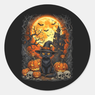 Svart Halloween Pumpa Katt Runt Klistermärke