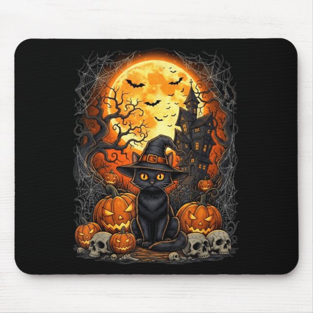 Svart Halloween-pumpa med katt Musmatta (Framsidan)