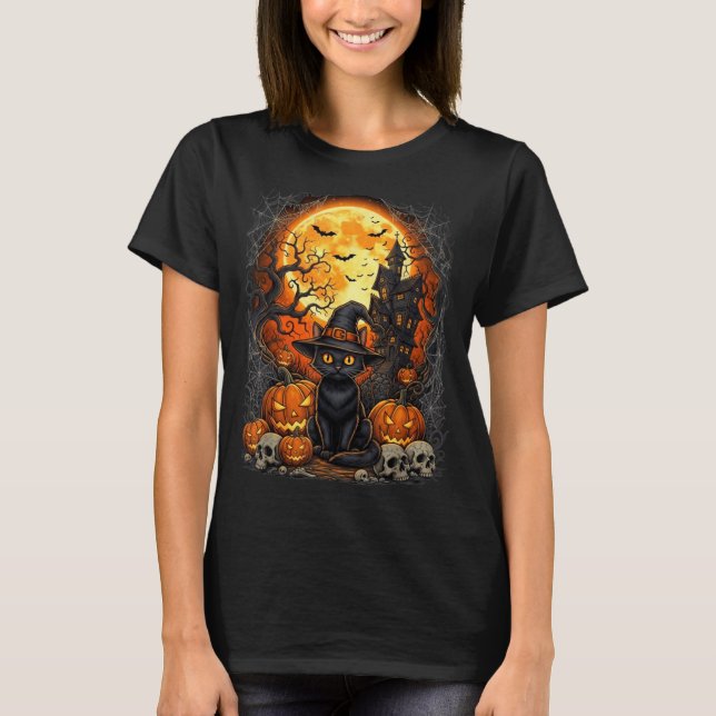 Svart Halloween-pumpa med katt T Shirt (Framsida)