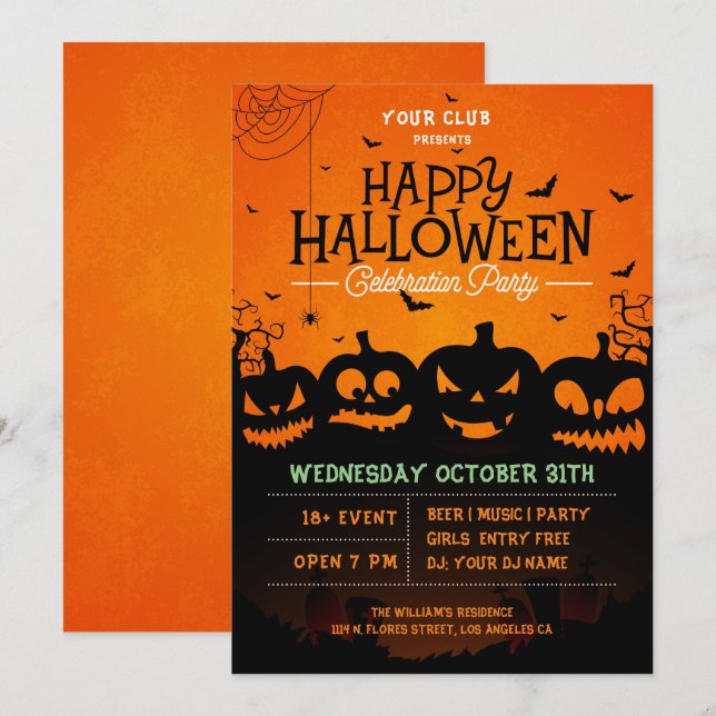 Svart halloween-pumpspindlar och fladdermöss inbju inbjudningar (Fram/baksida)