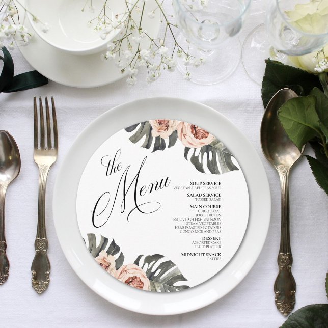 Svart Handflatan-cirkelmeny Meny (Unique round wedding menu with a modern tropical theme. Perfect for your destination nuptials.)