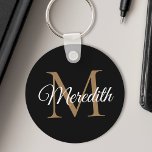 Svart handskriftsskript för anpassat namn nyckelring<br><div class="desc">Skapa din egen personlig svart,  rund nyckelring med ditt handskrivna skript namn och monogram för elegant av anpassningsbar.</div>