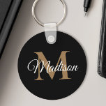 Svart handskriftsskript för anpassat namn nyckelring<br><div class="desc">Skapa din egen personlig svart runt-nyckelkedja med handskrivet anpassningsbar elegant-skript namn och monogram.</div>