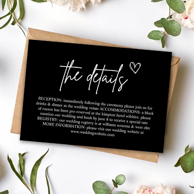 Svart handskriven script tilläggskort för bröllop inbjudningar (Black handwritten script enclosure card shares wedding details with bold, elegant charm.)