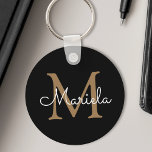 Svart handskriven Söt för eget namn, monogram Nyckelring<br><div class="desc">Skapa din egen personlig svart,  rund nyckelring med ditt handskrivna anpassningsbar-skript namn och monogram.</div>