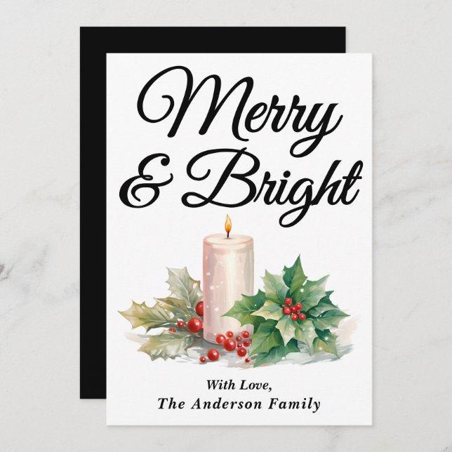 Svart handskrivet skript - merry & Bright Julkort (Fram/baksida)