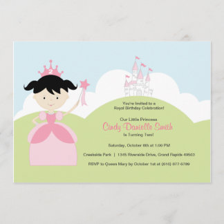 Svart hårfödelsedagPrincess i rosor med slottet Inbjudningar