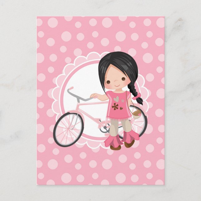 Svart Hårig Cykel Flicka - Rosa Vit Vykort (Framsida)