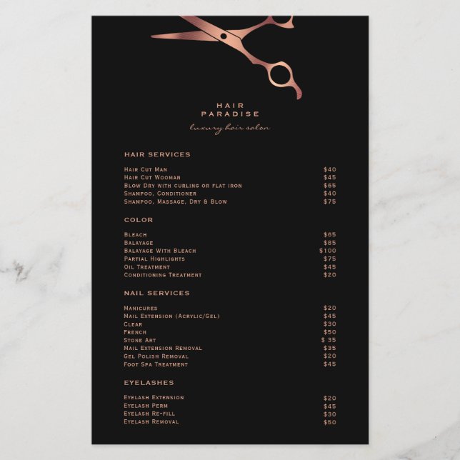 Svart hårsalon, Pris listmeny Flyer (Framsidan)
