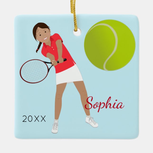 Svart hårtennisspelareminnessak julgransprydnad keramik (Framsida)