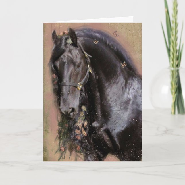 Svart häst Friesian - gratulationskort Tack Kort (Framsida)