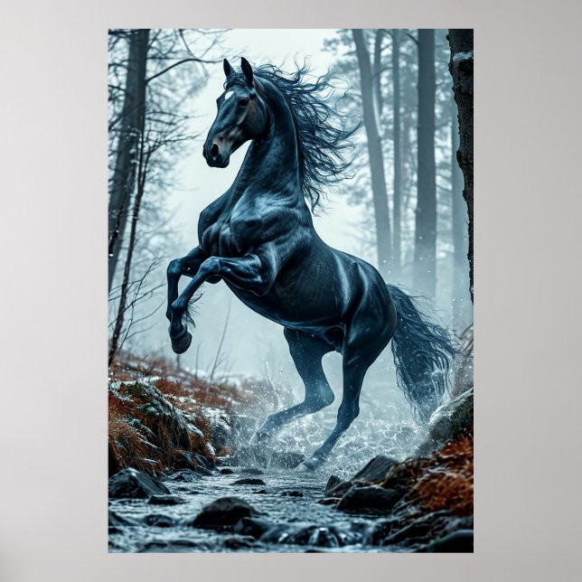 Svart häst galopperar genom en skogsström poster (Framsidan)