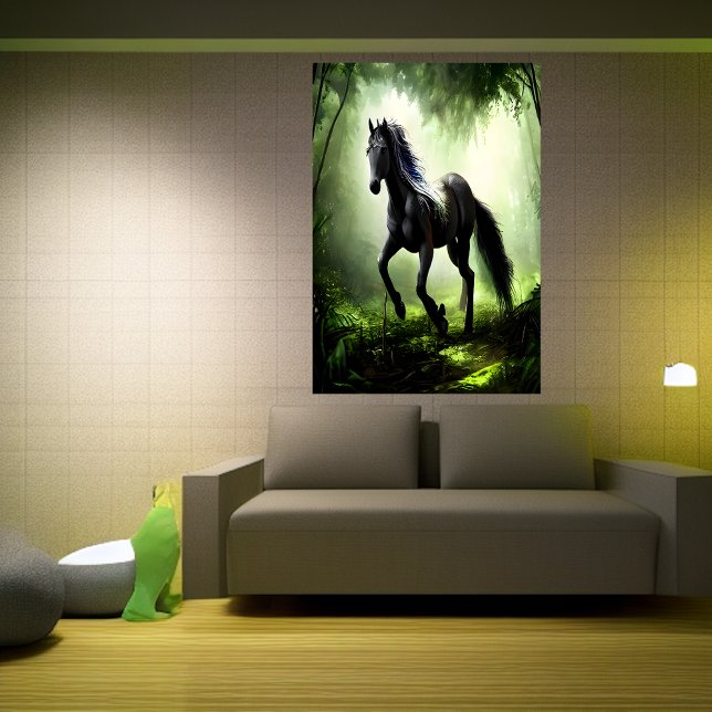 Svart häst i skogen | AI Art Poster (Skapare uppladdad)