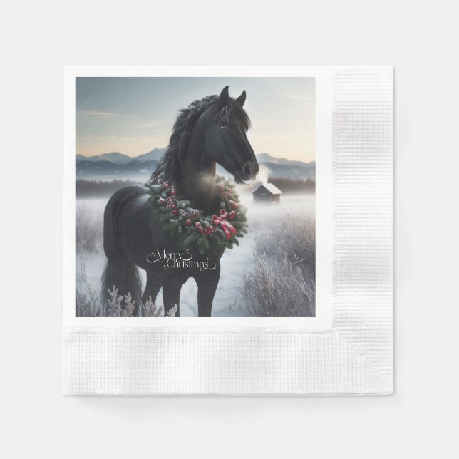 Svart häst i snön med julkrans pappersservett (Framsidan)