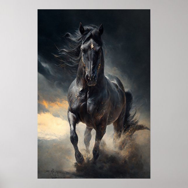 Svart häst i stormen Målning Poster (Framsidan)
