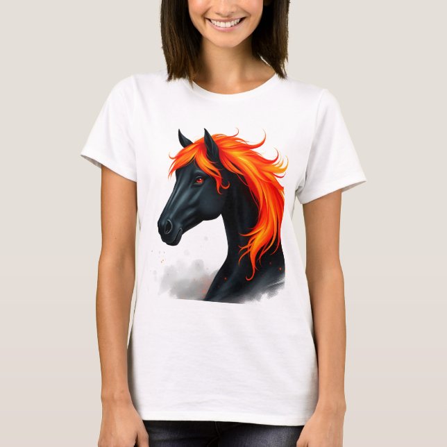 Svart häst med eldröd man t shirt (Framsida)