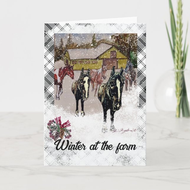 Svart häst på gården i snö inbjudan (Framsida)