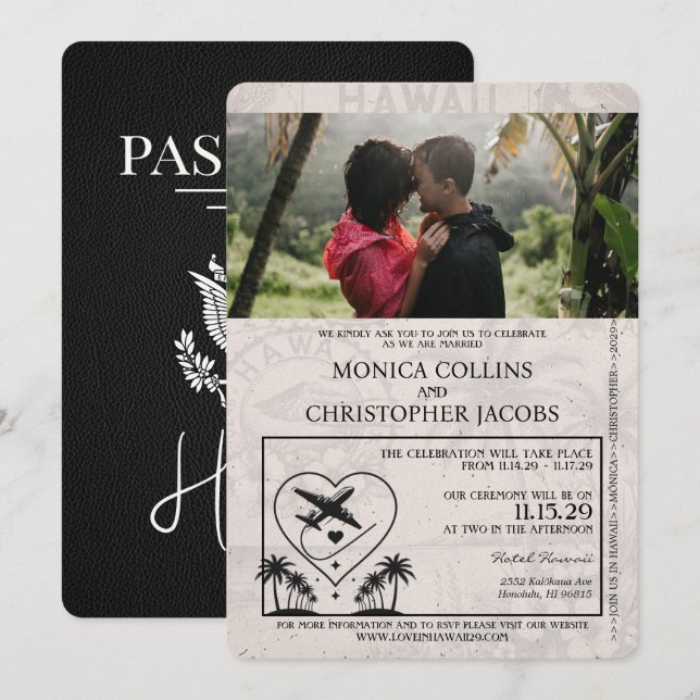 Svart Hawaii-passbröllopsinbjudan Inbjudningar (Fram/baksida)