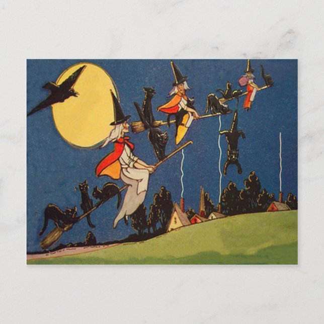Svart häxa katt flygande måne kråka vykort (Framsida)