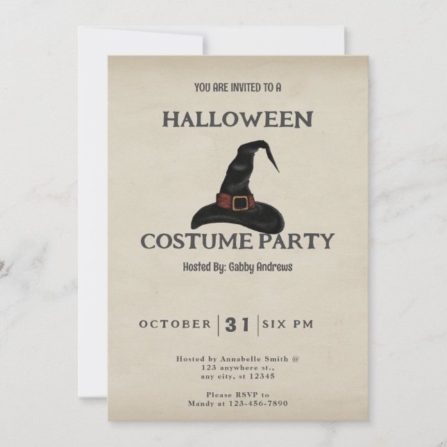 Svart häxhatt Vintage Halloween Inbjudningar (Framsida)