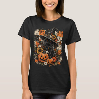 Svart häxkatt Halloween-outfit Vintage pumpa T Shirt