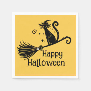 Svart häxkatt på kvast Halloween Pappersservett