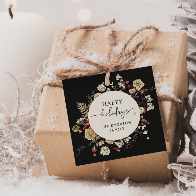 Svart Helgdag Gåvor Etiketter (Happy Holidays Black Boho Botanical Christmas Favor Tags
)