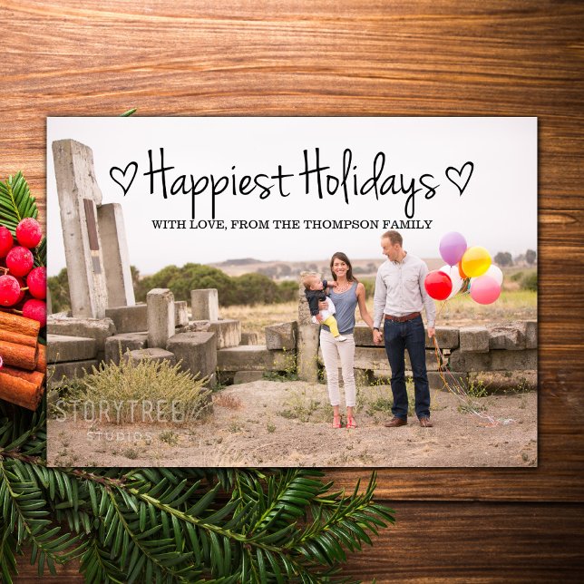 Svart Helgdagar med foto-flata kort (Black Happiest Holidays Photo Card)