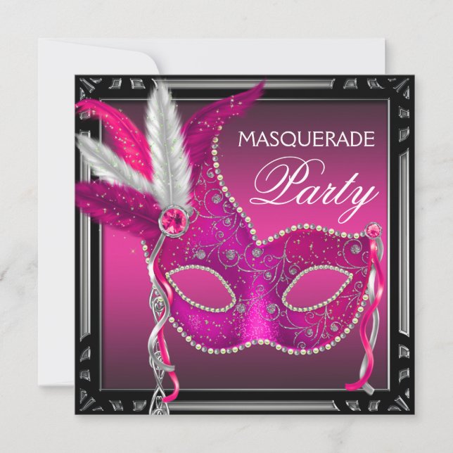 Svart het rosa mask het rosa maskeradfest inbjudningar (Framsida)