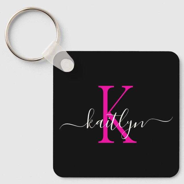 Svart het rosa namnmonogram nyckelring (Framsida)