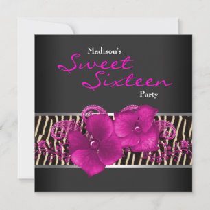 Svart het rosa zebra Sweet 16 födelsedagsfest Inbjudningar
