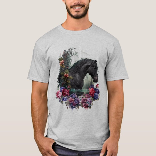 Svart hingst med gotik Flowers Classic T-shirt (Framsida)