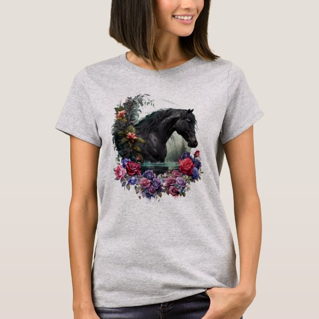 Svart hingst med gotik Flowers Classic T-shirt (Framsida)