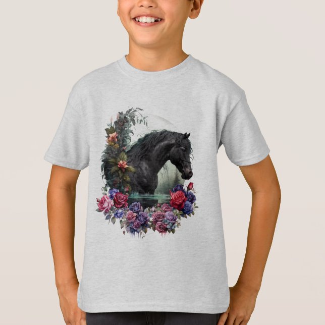 Svart hingst med gotik Flowers Classic T-shirt (Framsida)