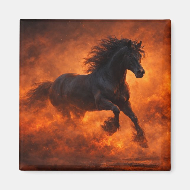 Svart hingst som springer genom orange dimma magnet (Framsidan)