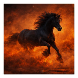 Svart hingst som springer genom orange dimma perfect poster