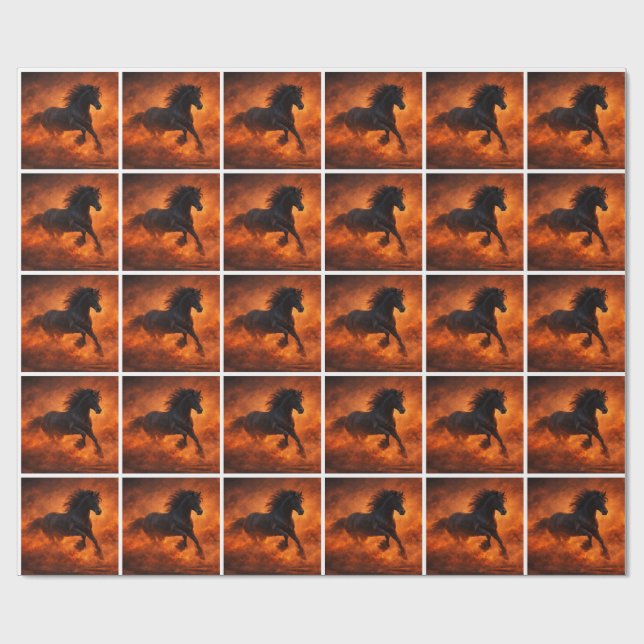 Svart hingst som springer genom orange dimma presentpapper (Platt)