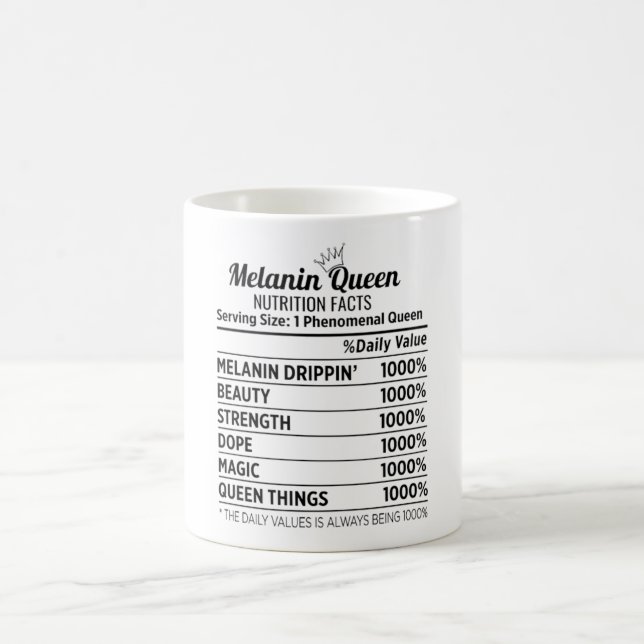 Svart historia Melanin Queen Nutrition Facts Mugg (Center)