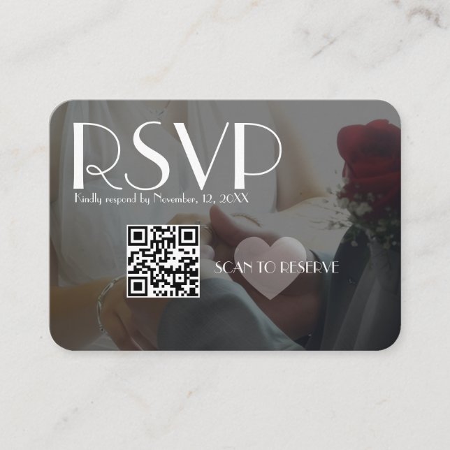 Svart hjärta QR-kod för bröllop RSVP foto Tilläggskort (Framsida)