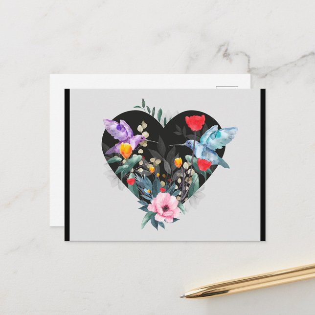 Svart hjärta vykort (Watercolor illustration featuring a black heart shape filled with a variety of flowers!)