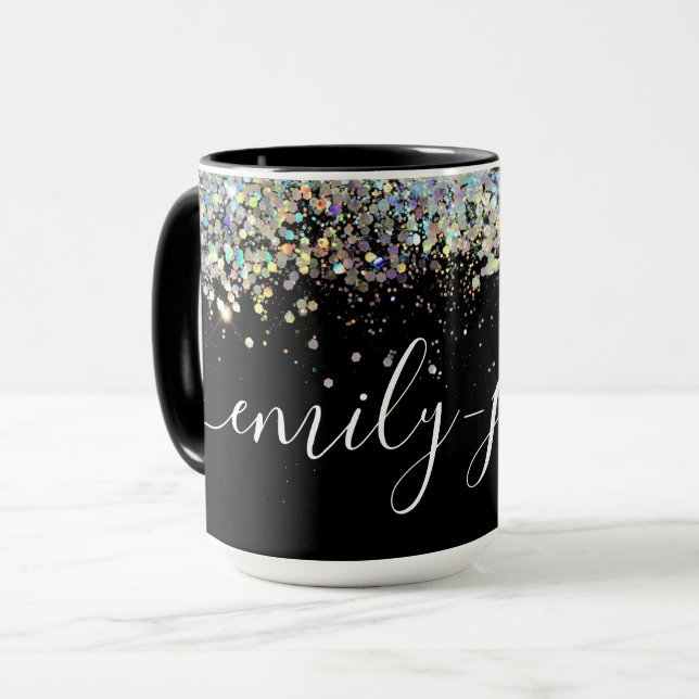 Svart holografisk Glitter Hand Lettered Namn Mugg (Framsida vänster)